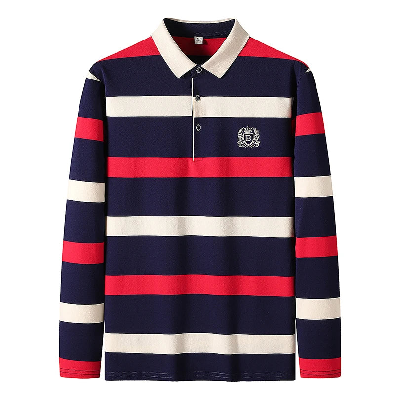 Polo à manches longues brodé en coton pour hommes, t-shirt à rayures, mode décontractée, t-shirt d'affaires, printemps, automne