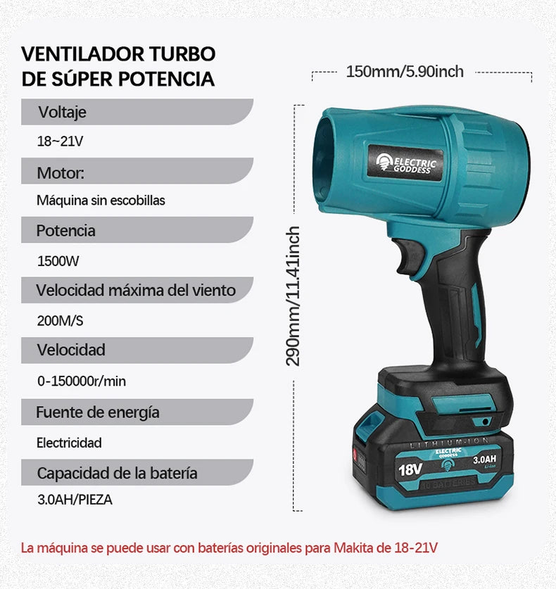 Makita – ventilateur d'air puissant sans balais, 1500W, électrique sans fil, Mini souffleur d'air portatif, outil électrique pour broche de batterie 18V