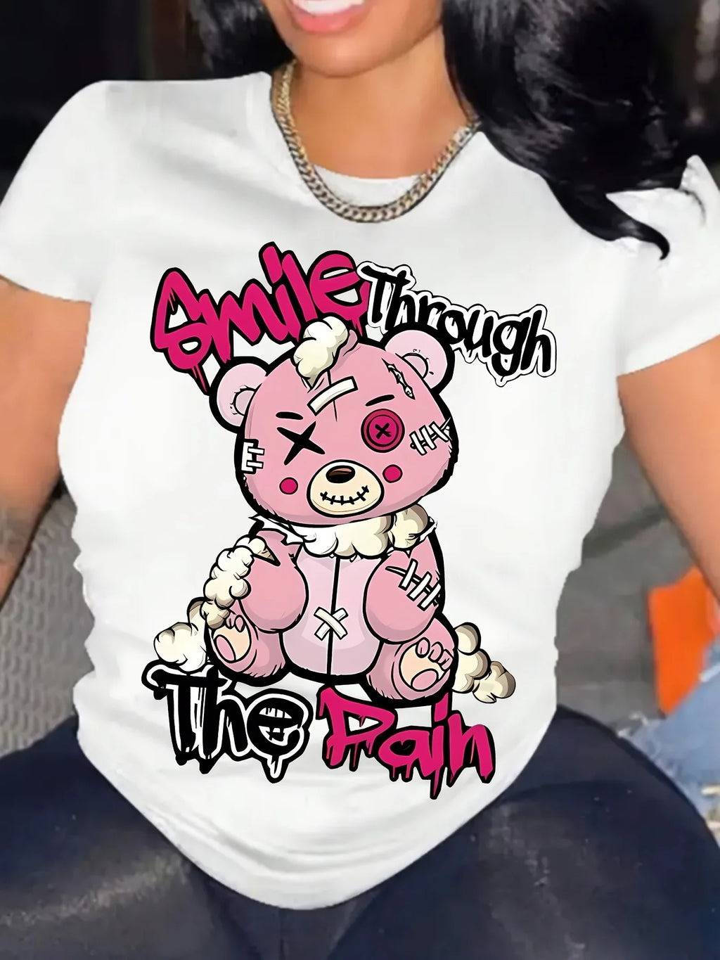 T-shirt imprimé ours en peluche pour femme, col rond doux, manches courtes, décontracté, parfait pour la mode printemps et été