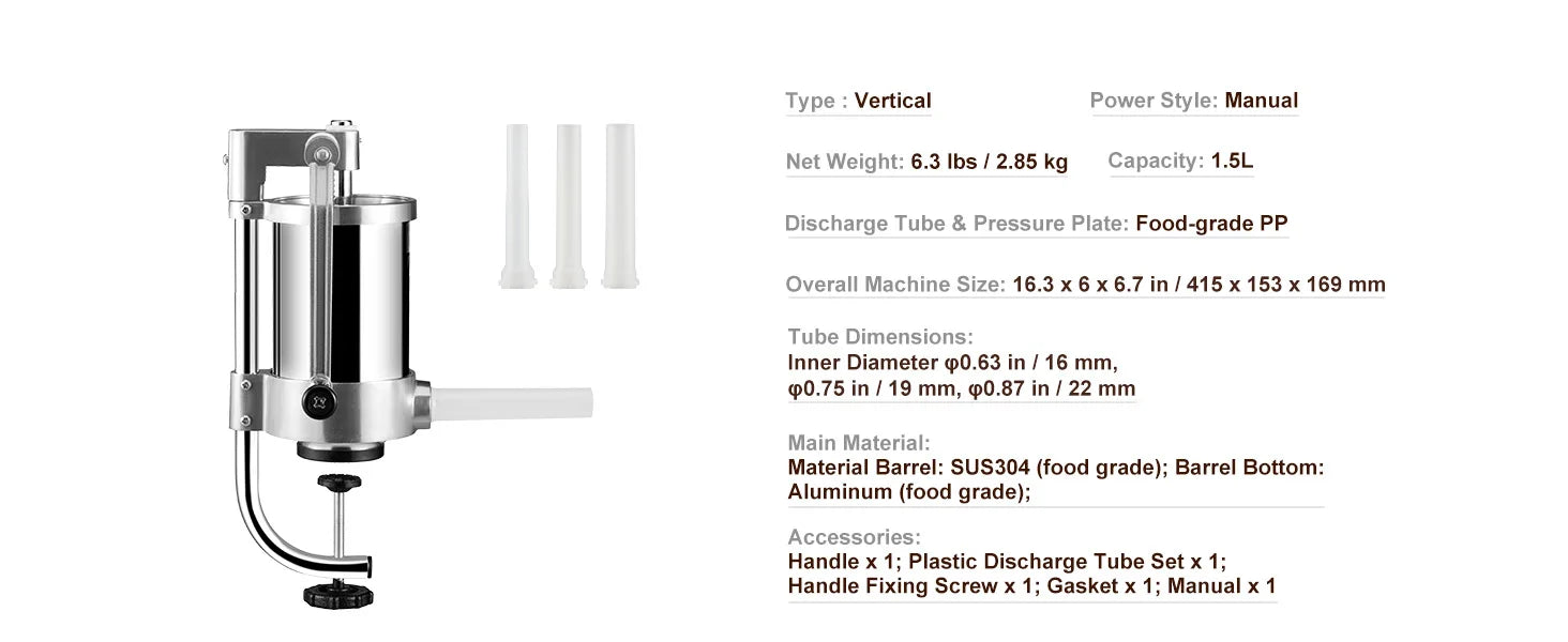 SucceBuy – remplisseur de saucisses Vertical, capacité de 1.5/3l, processeurs de remplissage alimentaire avec 3 Tubes de farce, accessoires de cuisine, appareil ménager