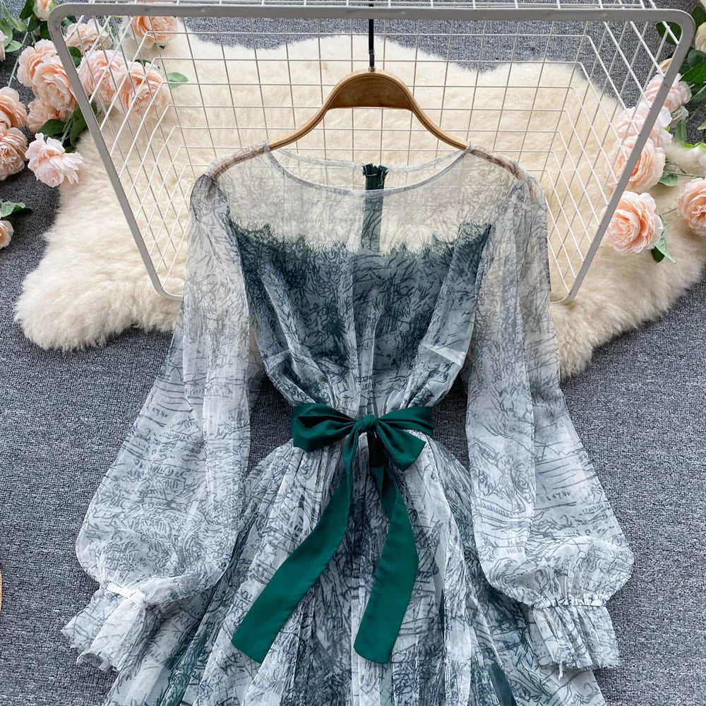 Robe en Maille Élégante pour Femme, Vintage, Manches Lanternes, Imprimée, Soirée, Patchwork, Ligne A, Bandage, Plage, Printemps Été