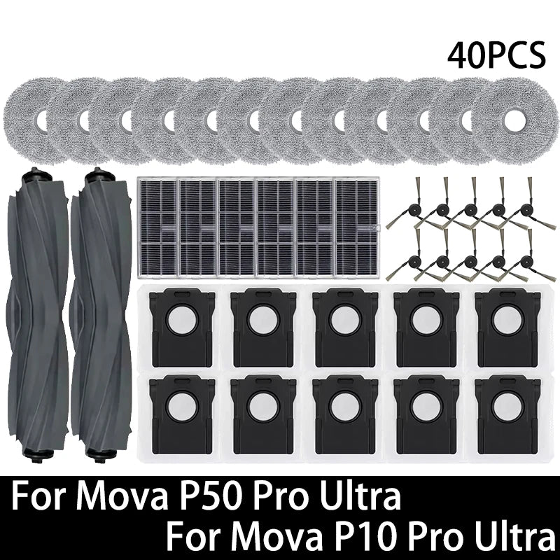 Pièces détachées pour robot aspirateur Mova P50 Pro Ultra / Mova P10 Pro Ultra : brosse principale, brosse latérale, filtre HEPA, chiffon de nettoyage, sac à poussière, accessoires
