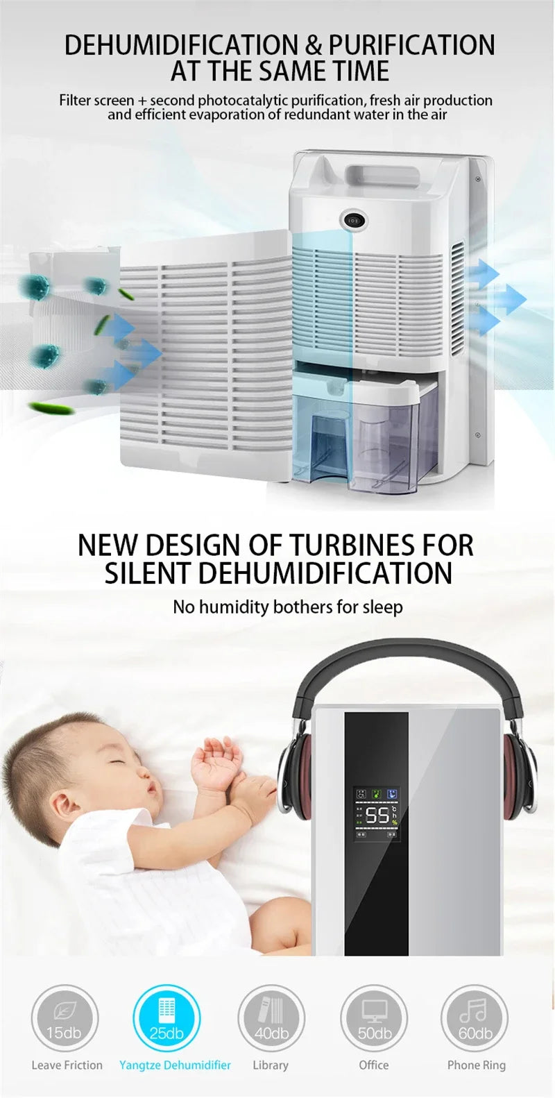 Déshumidificateur et purificateur d'air 2 en 1, absorbeur d'humidité, silencieux, pour chambre à coucher, sous-sol, télécommande, synchronisation, tuyau d'eau externe