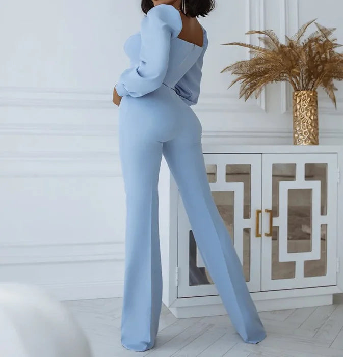Ensemble haut et pantalon décontracté pour femmes, manches lanternes, manches courtes, épaules dénudées, Sexy, bas de cloche, nouvelle collection printemps automne 2024