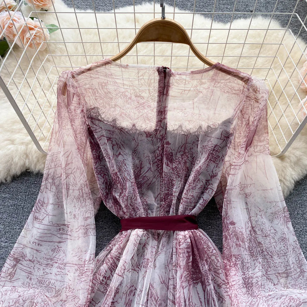 Robe en Maille Élégante pour Femme, Vintage, Manches Lanternes, Imprimée, Soirée, Patchwork, Ligne A, Bandage, Plage, Printemps Été