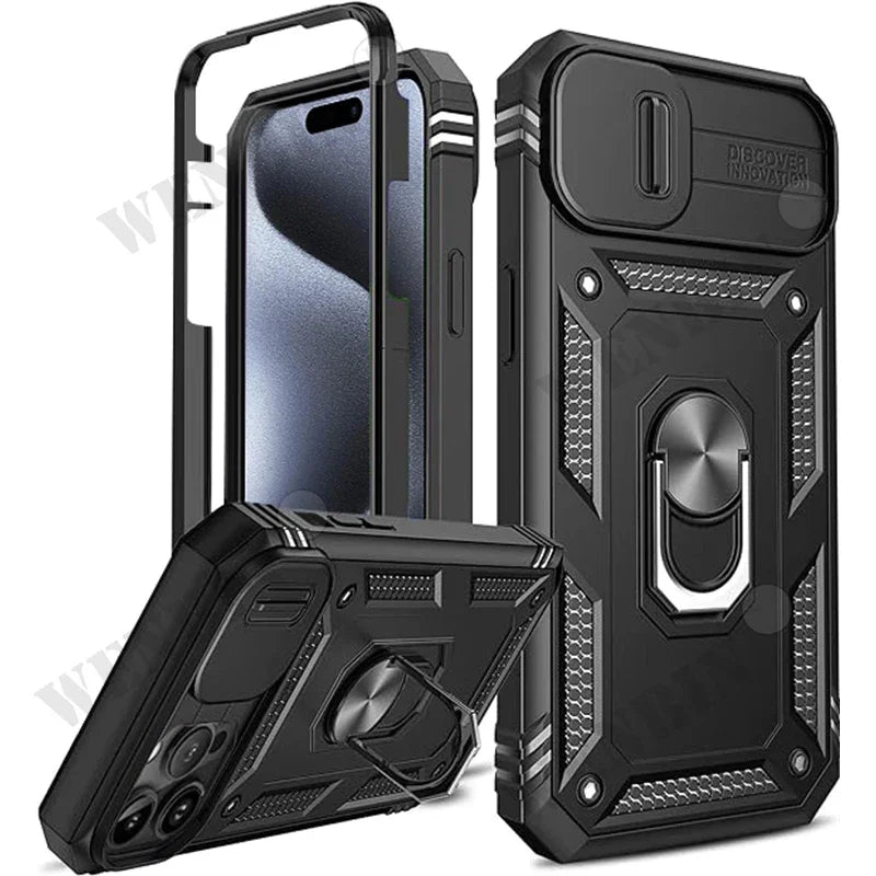 Coque pour iPhone 17 16 16e 15 14 13 12 11 Pro Max Plus Mini XS XR 8 Plus 8 7 SE robuste avec caméra, housse de béquille à 360 degrés