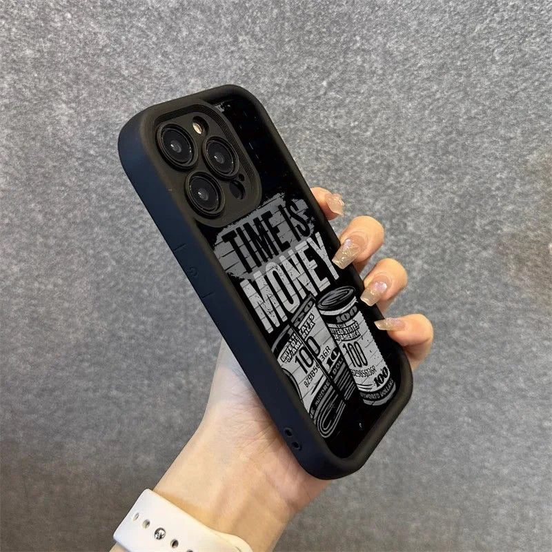 Coque de téléphone pour iPhone 17 16 15 14 12 11 13 Pro Max l'heure est l'argent couverture souple imprimée pour iPhone 17 Air 16E 7 8 Plus X XS