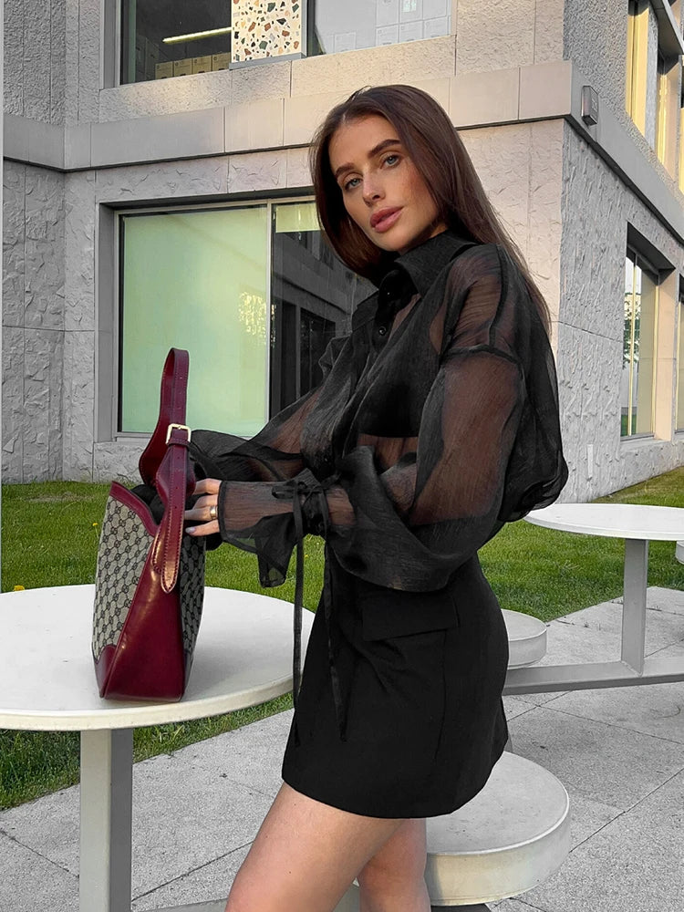 Mumaroho 2024 printemps été femmes élégant à manches longues solide noir maille chemise dames pure mousseline de soie Blouse pour femme femme