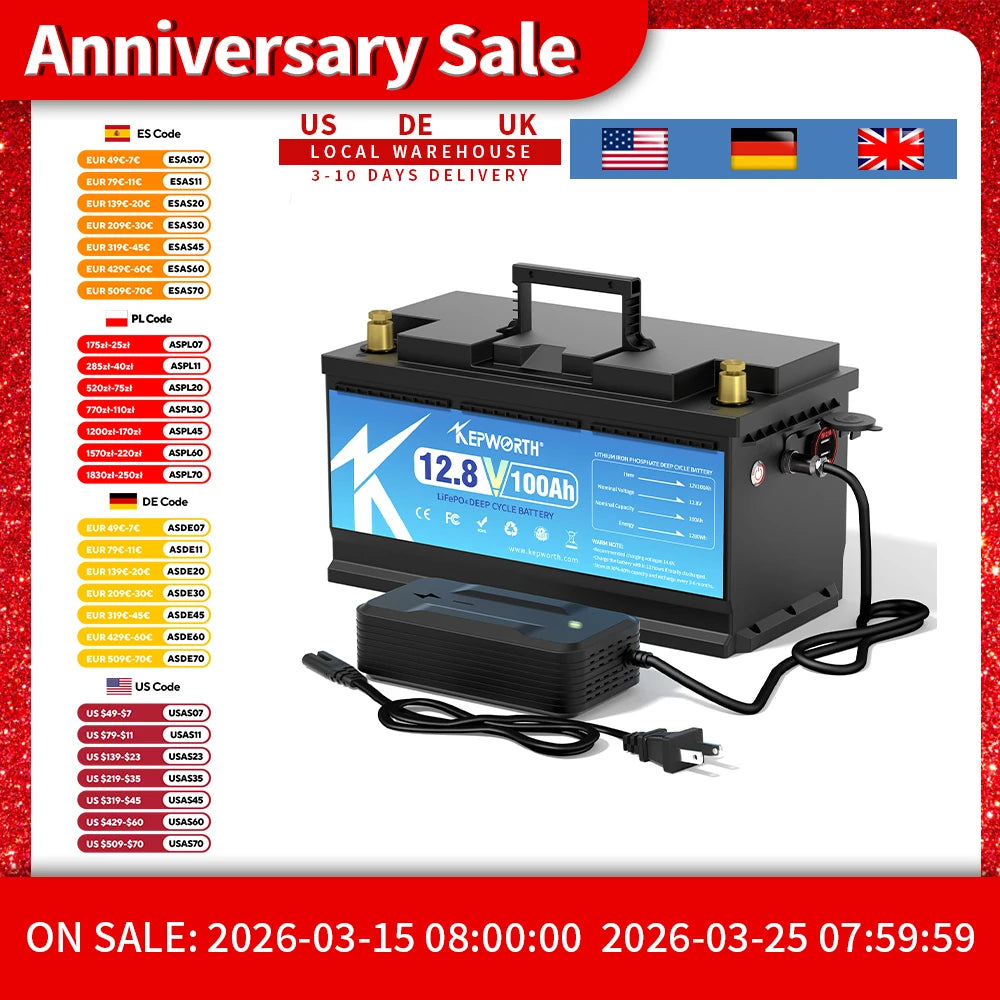 KEPWORTH 12V 100Ah batterie au Lithium fer Phosphate améliorée BMS 6000 Cycles pour camping-car voiturette de Golf tout-terrain hors réseau solaire vent