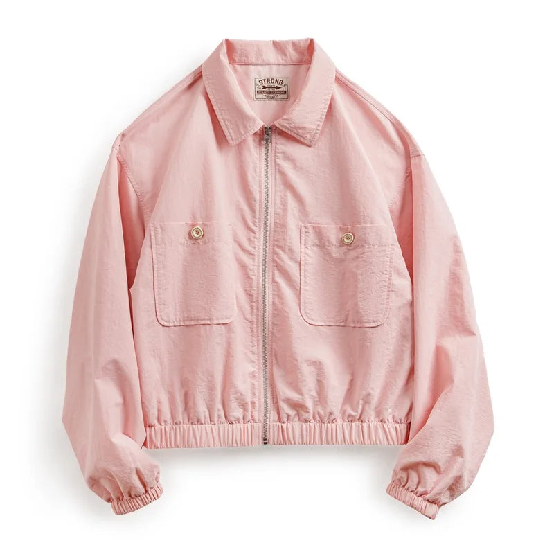 Maden Veste à col de baseball vintage pour femme, courte et décontractée, printemps-automne, légère, tenue quotidienne, rose