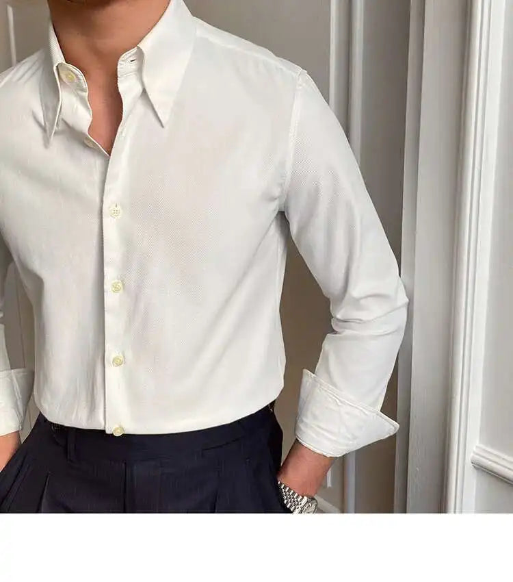 Printemps loisirs britannique affaires chemise Design britannique hommes col Cuba mince solide chemise blanche Camisa Social Masculina hommes chemise