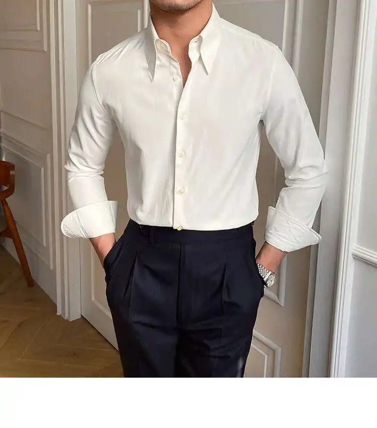 Printemps loisirs britannique affaires chemise Design britannique hommes col Cuba mince solide chemise blanche Camisa Social Masculina hommes chemise