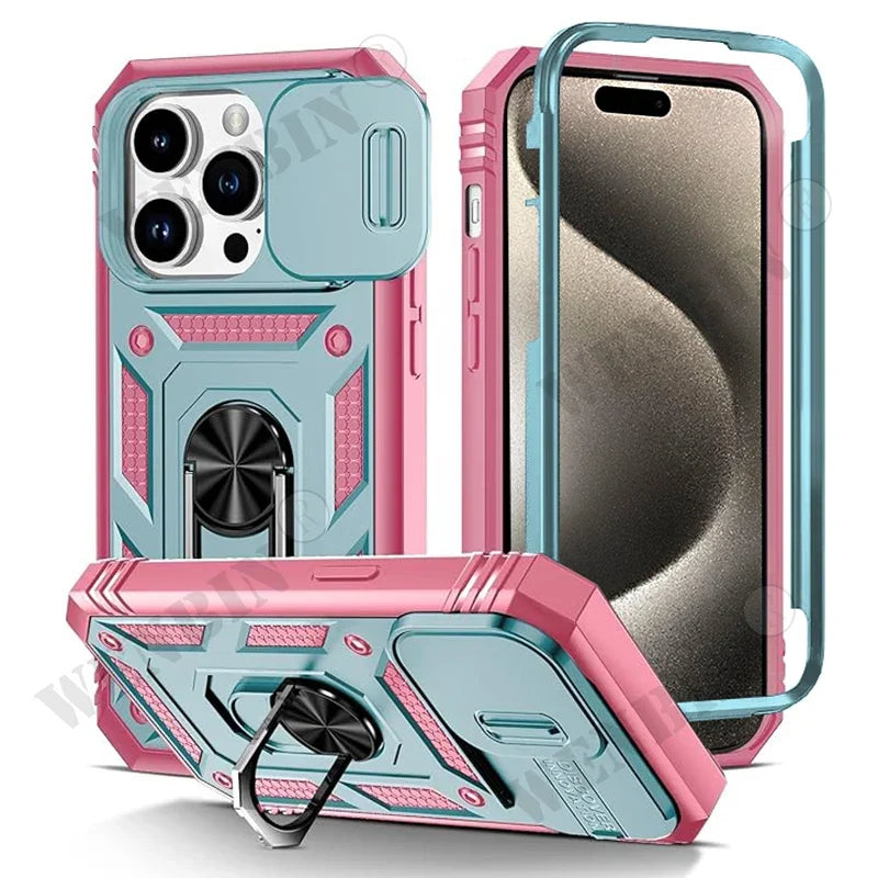 Coque pour iPhone 17 16 16e 15 14 13 12 11 Pro Max Plus Mini XS XR 8 Plus 8 7 SE robuste avec caméra, housse de béquille à 360 degrés