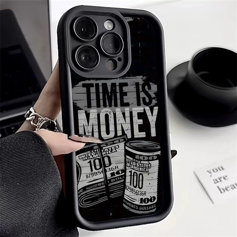 Coque de téléphone pour iPhone 17 16 15 14 12 11 13 Pro Max l'heure est l'argent couverture souple imprimée pour iPhone 17 Air 16E 7 8 Plus X XS