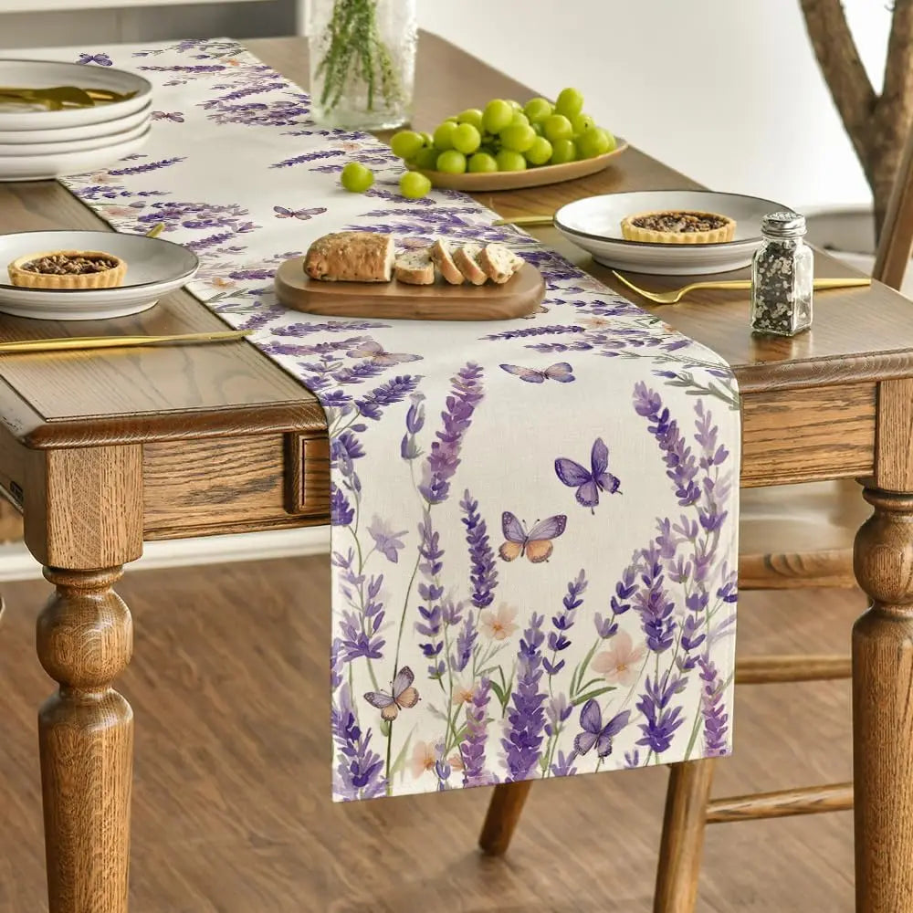 Chemin de Table en lin Floral violet lavande, décor de fête, réutilisable, pour ferme, cuisine, Table à manger, décorations de mariage, printemps