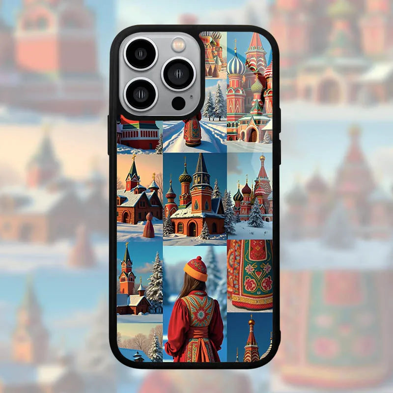 Allure russe pour iPhone 17 16 15 14 13 12 11 18 Pro Max, un ours ludique, dôme orné et poupées Matryoshka en fusion artistique