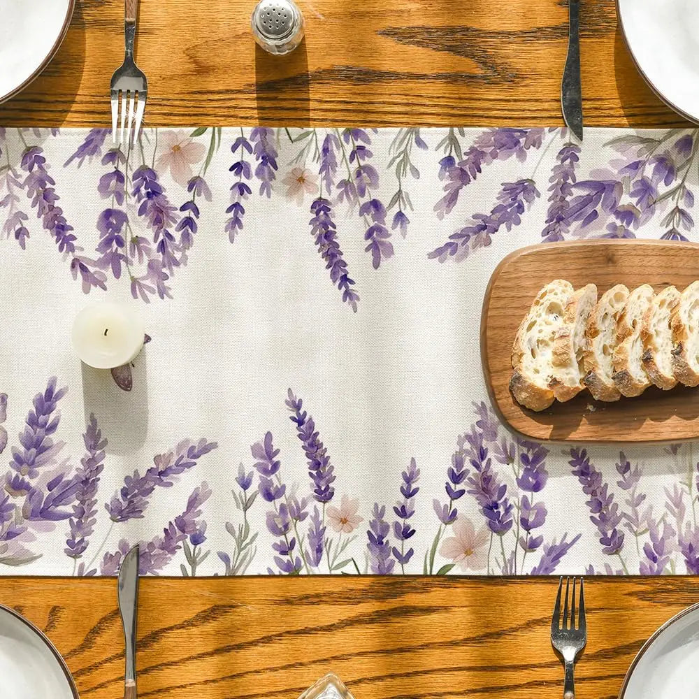 Spring Purple Lavender Floral Linen Table Runner Party Decor Reusable Farmhouse Kitchen Dining Table Runner Wedding Decorations