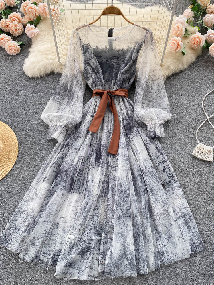 Robe en Maille Élégante pour Femme, Vintage, Manches Lanternes, Imprimée, Soirée, Patchwork, Ligne A, Bandage, Plage, Printemps Été