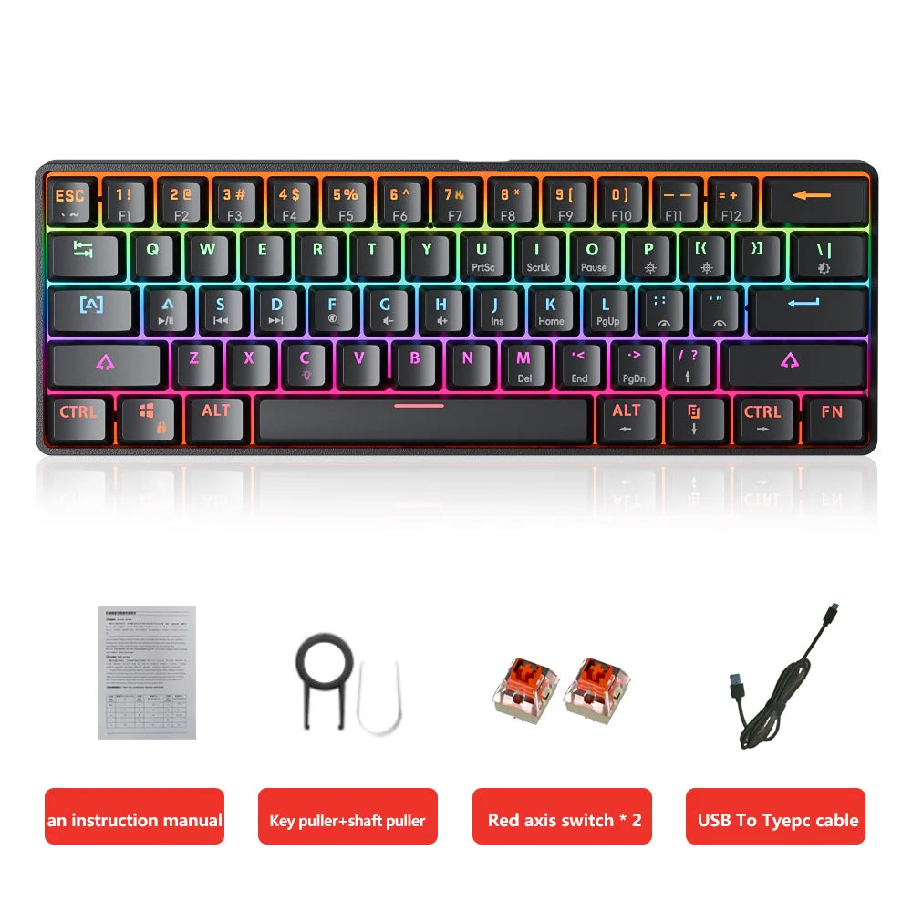 MUCAI MK61 USB Gaming Esports clavier mécanique 61 touches axe rouge filaire câble détachable rétro-éclairage rvb échange à chaud