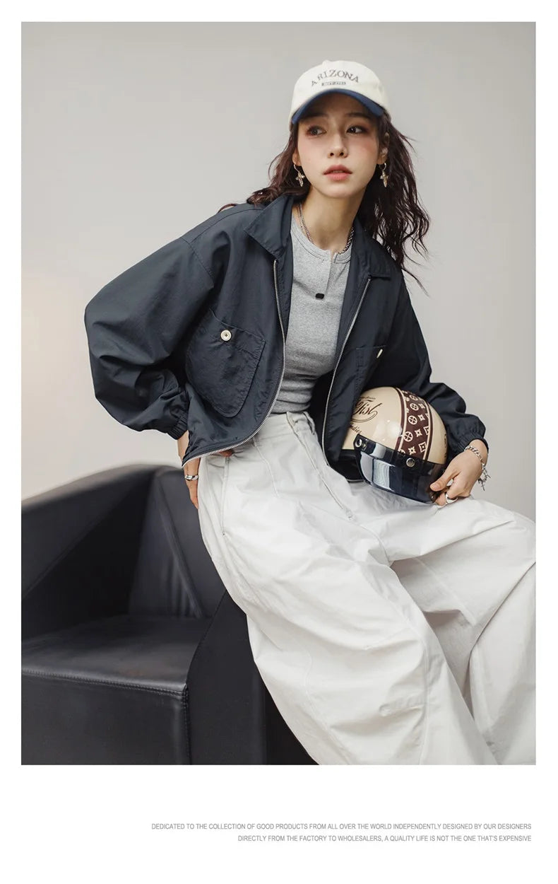 Maden Veste à col de baseball vintage pour femme, courte et décontractée, printemps-automne, légère, tenue quotidienne, rose