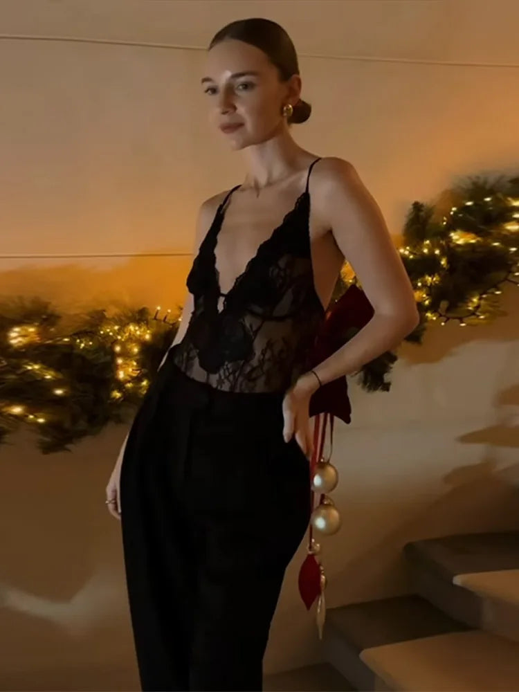 Body en dentelle patchwork ajouré transparent pour femme, décolleté plongeant, tenue de soirée sexy printemps, clubwear pour femmes