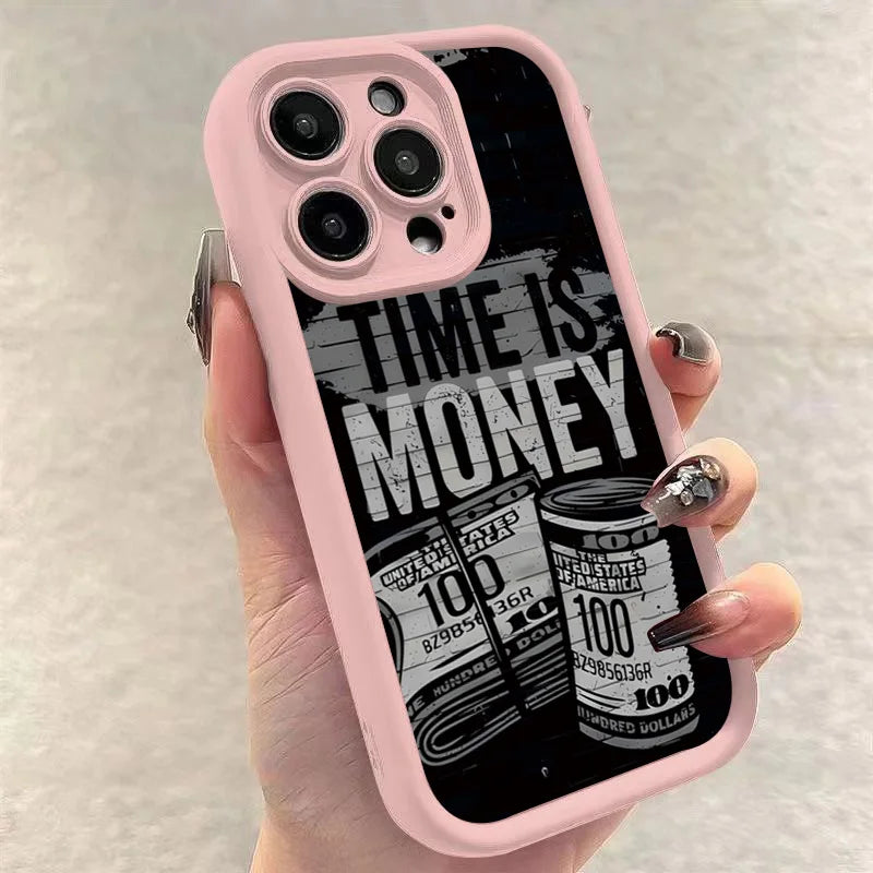 Coque de téléphone pour iPhone 17 16 15 14 12 11 13 Pro Max l'heure est l'argent couverture souple imprimée pour iPhone 17 Air 16E 7 8 Plus X XS