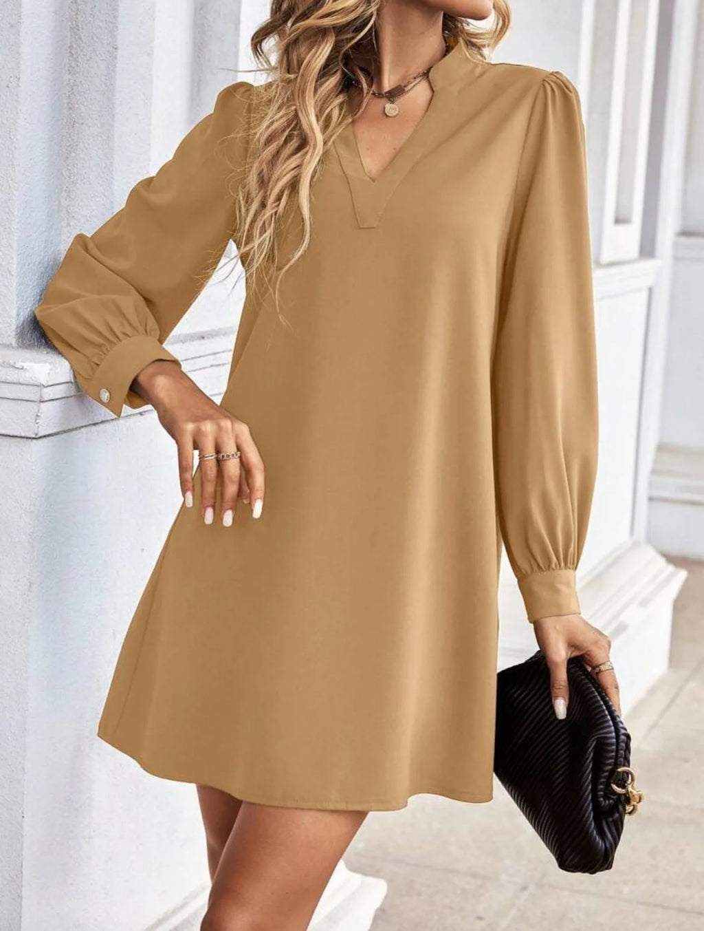 Bureau dame chemise Style robes femmes col en v à manches longues Mini robe printemps automne couleur unie vêtements de travail