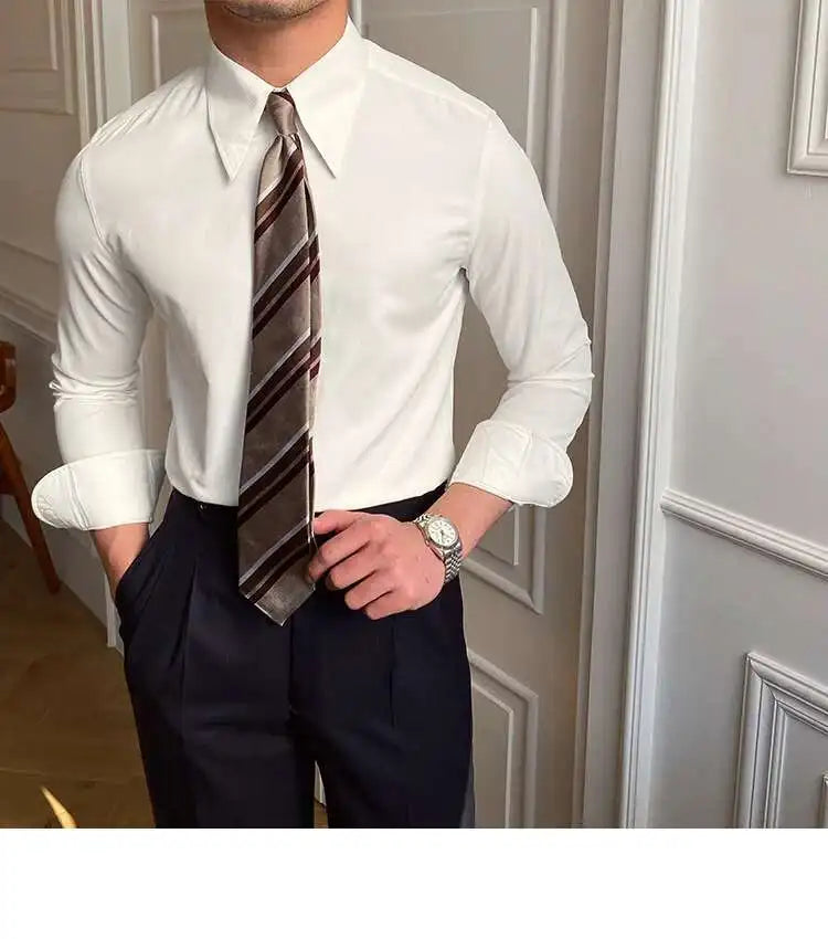 Printemps loisirs britannique affaires chemise Design britannique hommes col Cuba mince solide chemise blanche Camisa Social Masculina hommes chemise