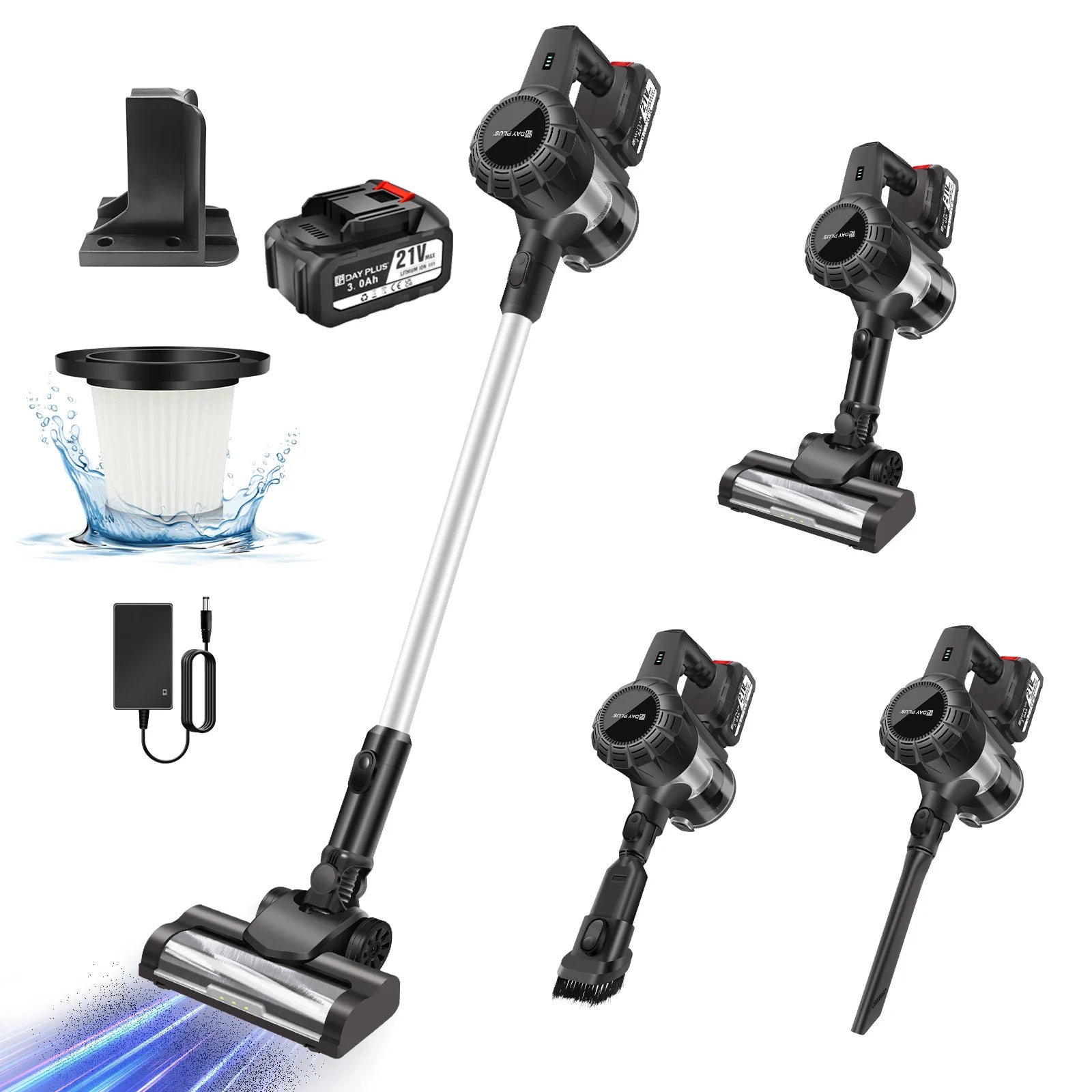 Aspirateur à manche vertical sans fil DayPlus, aspirateur à main sans fil 3 en 1 130000 RPM sans balais pour tapis, sol dur