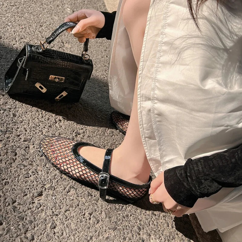 LeShion de Chanmeb marque maille Net ballerines chaussures pour femmes sangle boucle respirant Cool printemps été INS ballerine chaussures 43