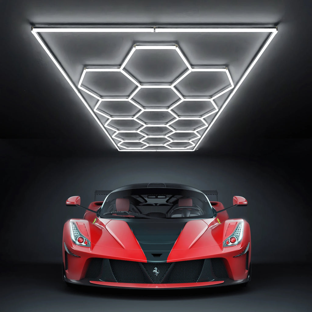 Lumière de Garage hexagonale avec cadre, 15 grilles, entrepôt Local, expédition rapide, lumière Led en nid d'abeille pour atelier, barbier, salle de sport
