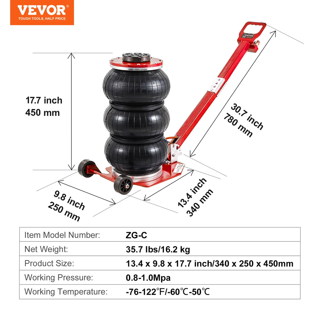 SucceBuy Cric pneumatique 3 tonnes/5 tonnes Triple sac Cric pneumatique Ascenseur rapide Crics de réparation de voiture robustes Crics à tige pliante avec deux roues