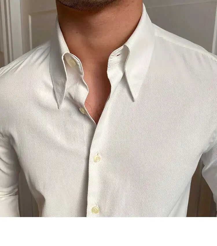 Printemps loisirs britannique affaires chemise Design britannique hommes col Cuba mince solide chemise blanche Camisa Social Masculina hommes chemise