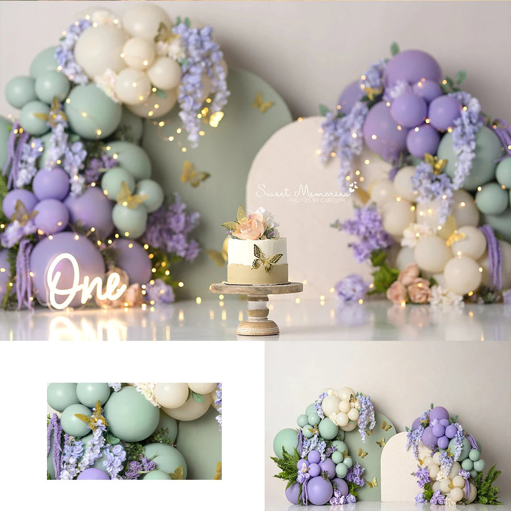 Printemps vert violet Floral papillon jardin décors enfants bébé Photocall enfant photographie gâteau Smash ballons arrière-plans