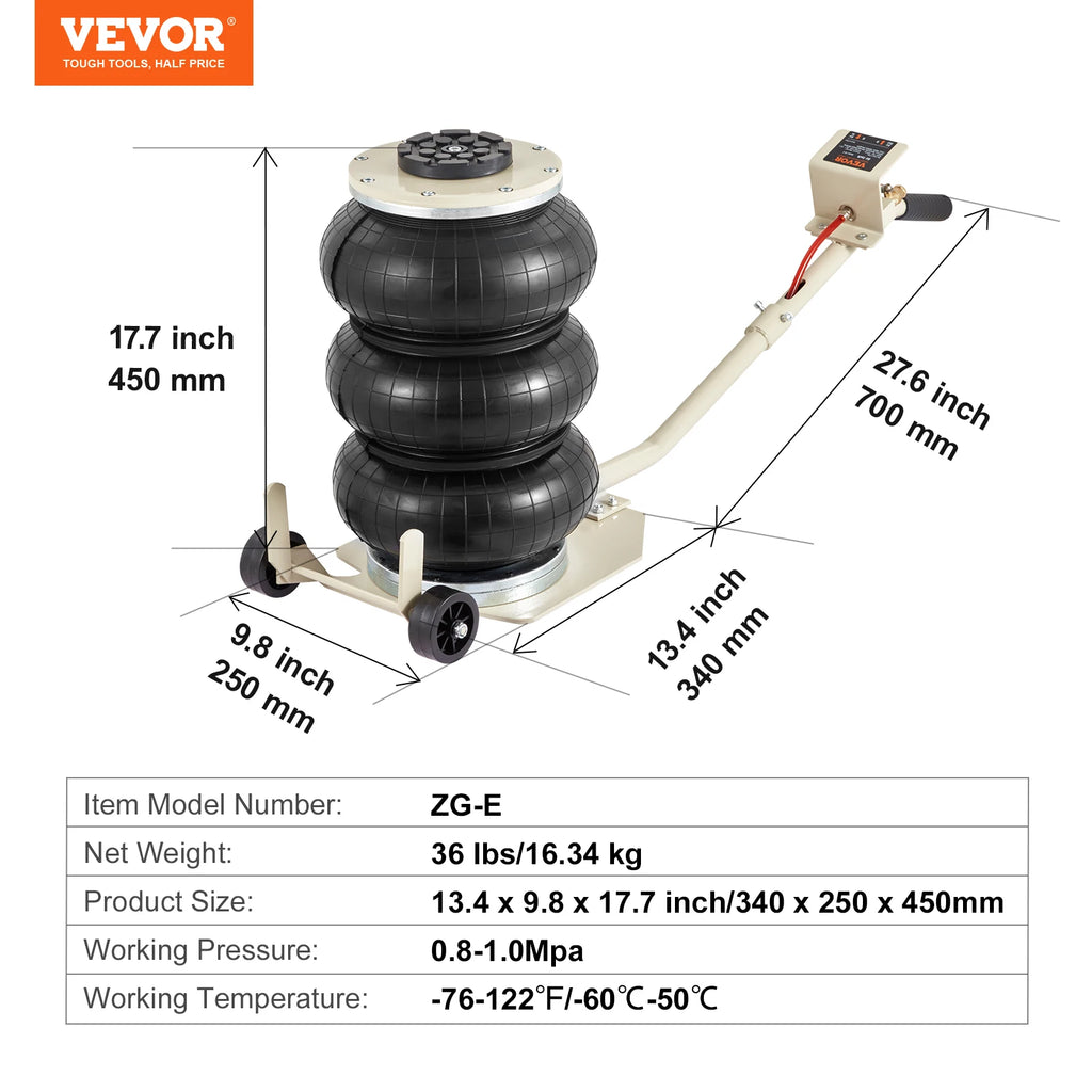 SucceBuy Cric pneumatique 3 tonnes/5 tonnes Triple sac Cric pneumatique Ascenseur rapide Crics de réparation de voiture robustes Crics à tige pliante avec deux roues