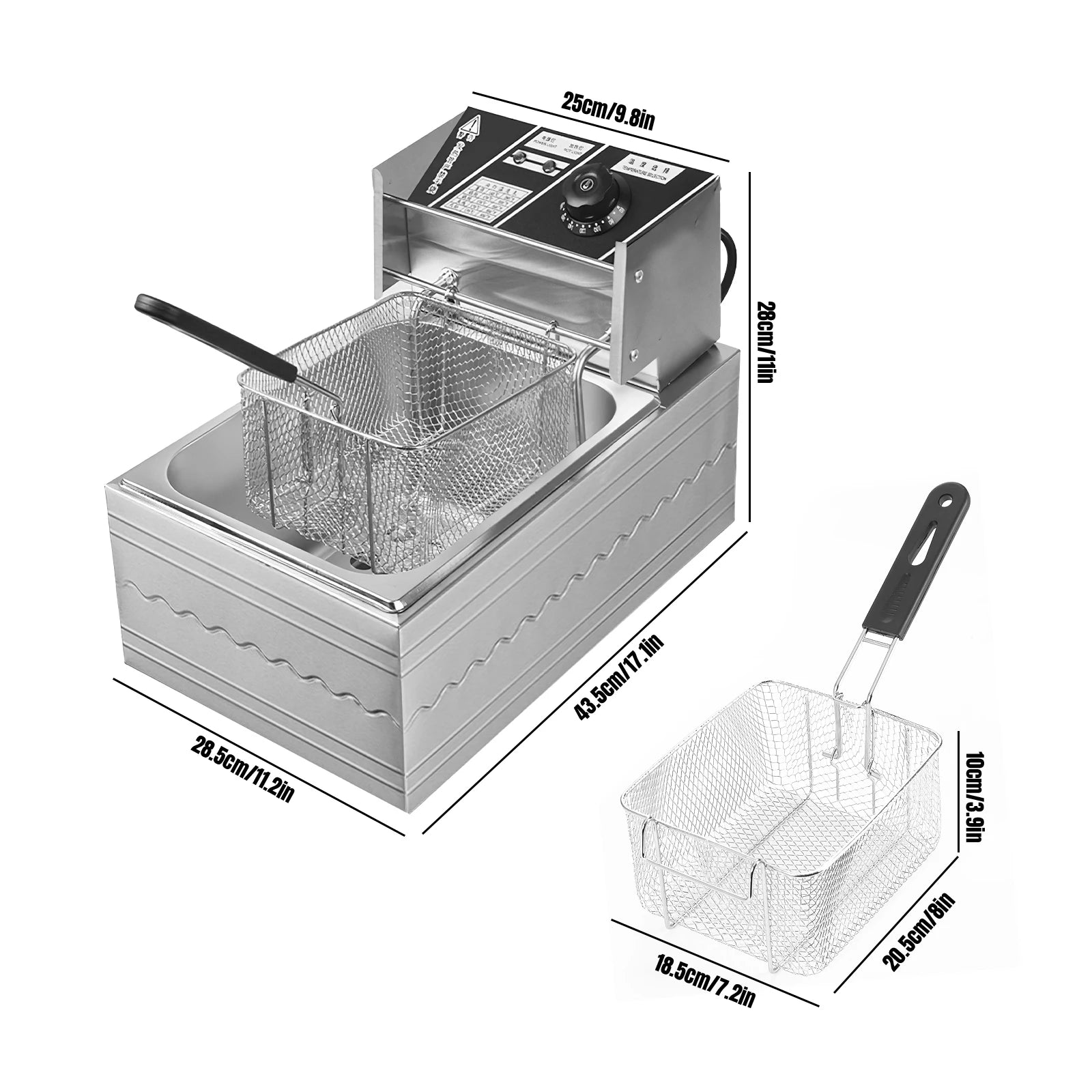 Friteuse électrique 6L en acier inoxydable avec panier pour poulet frit et frites, avec contrôle du temps et de la température