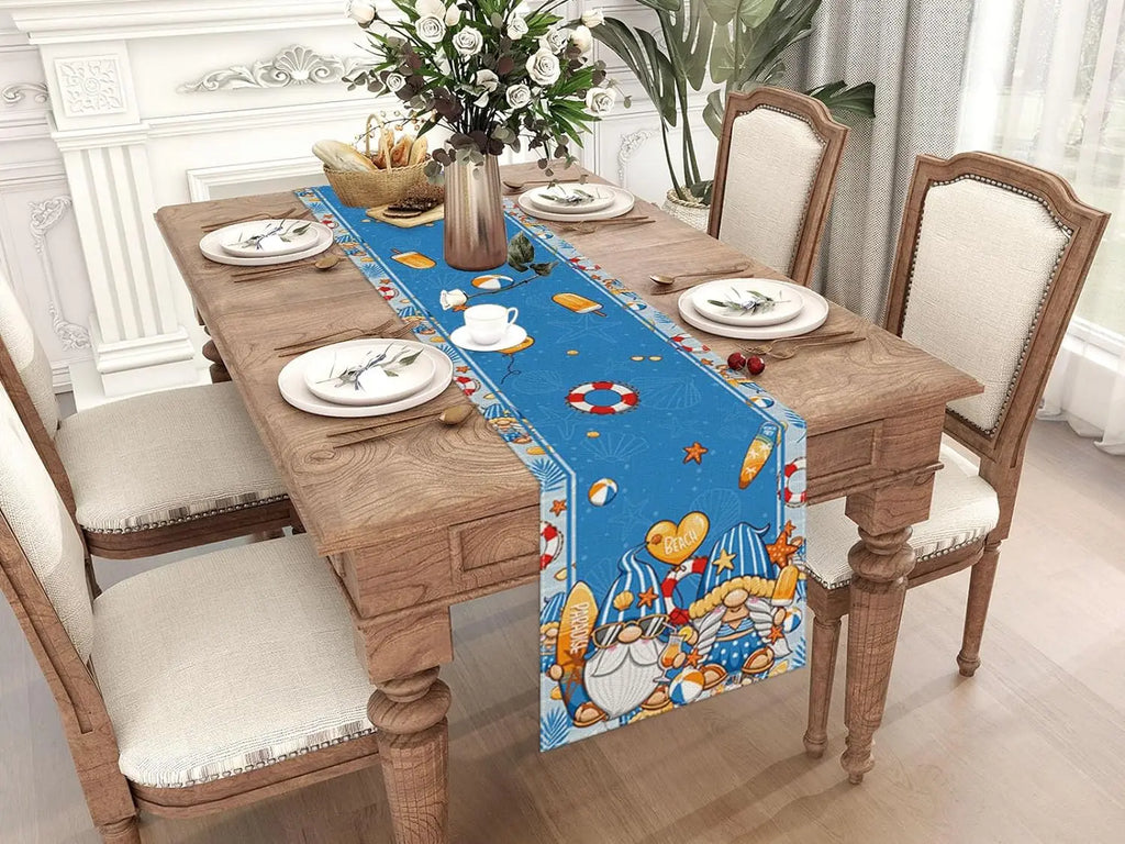 Chemins de table en lin de plage bleu, gnome d'été, piscine de plage hawaïenne, décor de fête côtière, décor de table de mariage de vacances, printemps et été