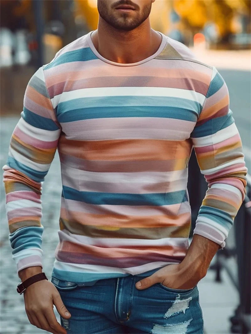 Rétro rayé graphique à manches longues T-shirts pour hommes Simple mode printemps automne 3D imprimé T-shirts décontracté surdimensionné T-shirts hauts