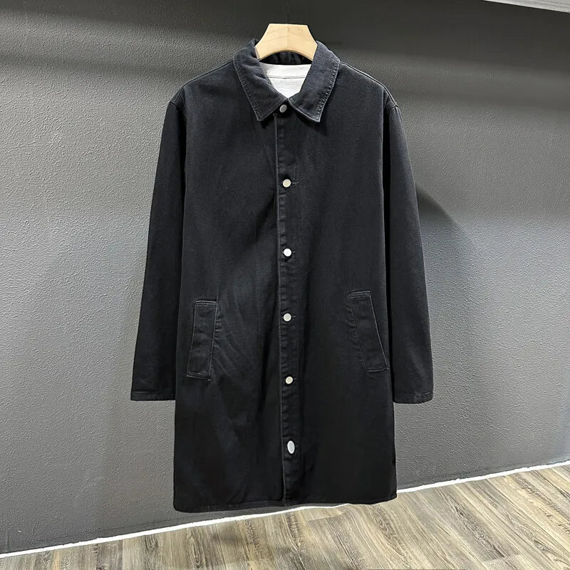 Nouveau printemps automne mode Denim Trench hommes coupe-vent décontracté manteau couleur unie Long hommes col rabattu vestes d'extérieur homme