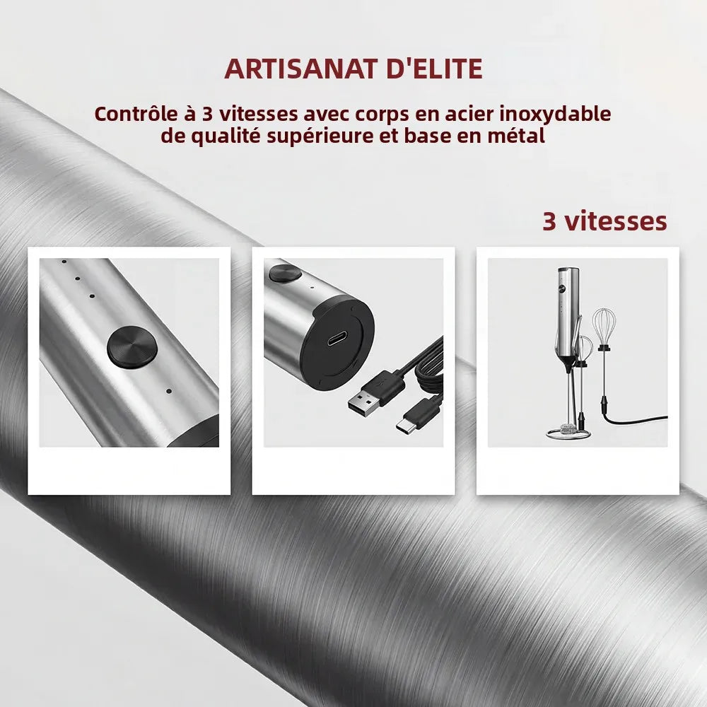 Mousseur à lait électrique, 3 vitesses avec 2 fouets, rechargeable par Type-C, en acier inoxydable, tête à mousse double couche pour latte/café