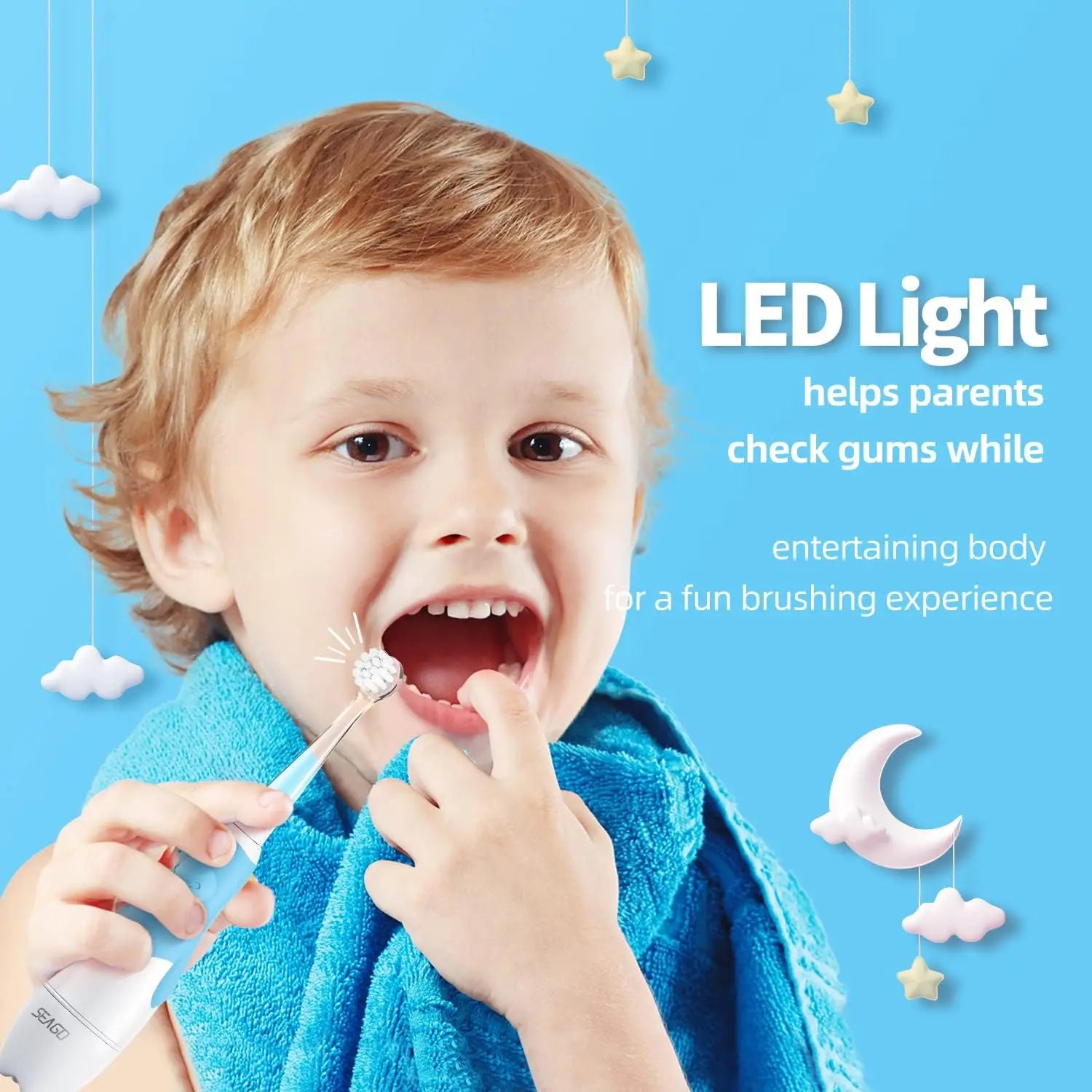 SEAGO Brosses à dents électriques pour bébés âgés de 0 à 3 ans Brosse à dents pour bébé avec minuterie intelligente Brosse douce pour bébé avec 8 recharges