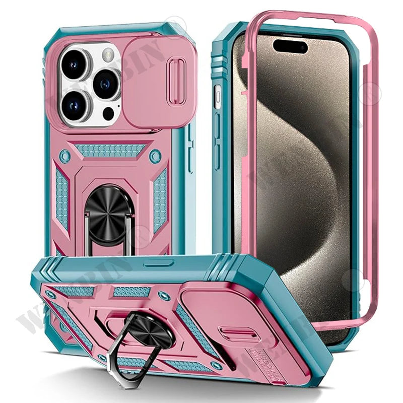 Coque pour iPhone 17 16 16e 15 14 13 12 11 Pro Max Plus Mini XS XR 8 Plus 8 7 SE robuste avec caméra, housse de béquille à 360 degrés