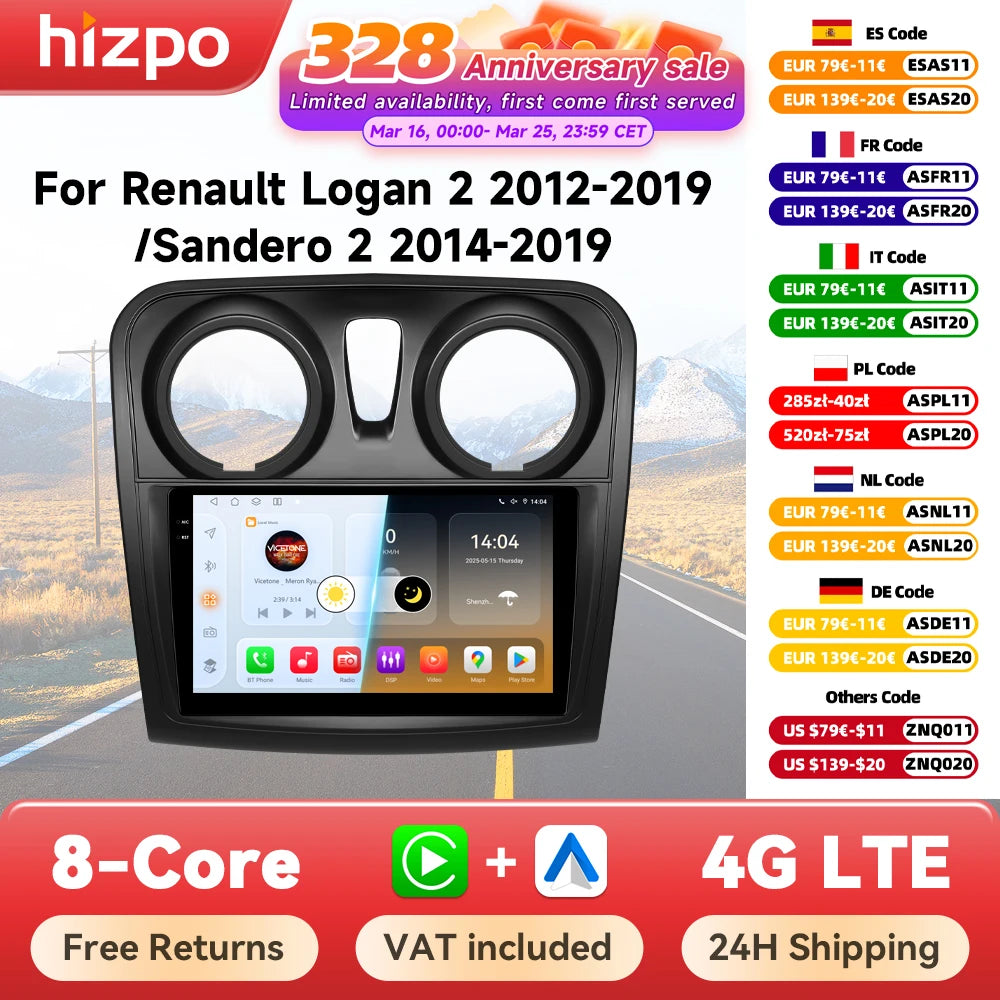 Hizpo-Autoradio Android pour Renault Logan 2, 2012-2019, Sandero 2, 2014-2019, 4G, Limitation de la voiture, GPS, 2Din, Autoradio, CarPlay, WIFI, DSP