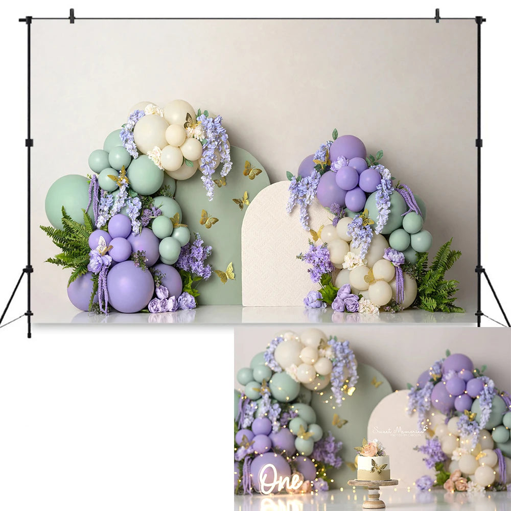Printemps vert violet Floral papillon jardin décors enfants bébé Photocall enfant photographie gâteau Smash ballons arrière-plans