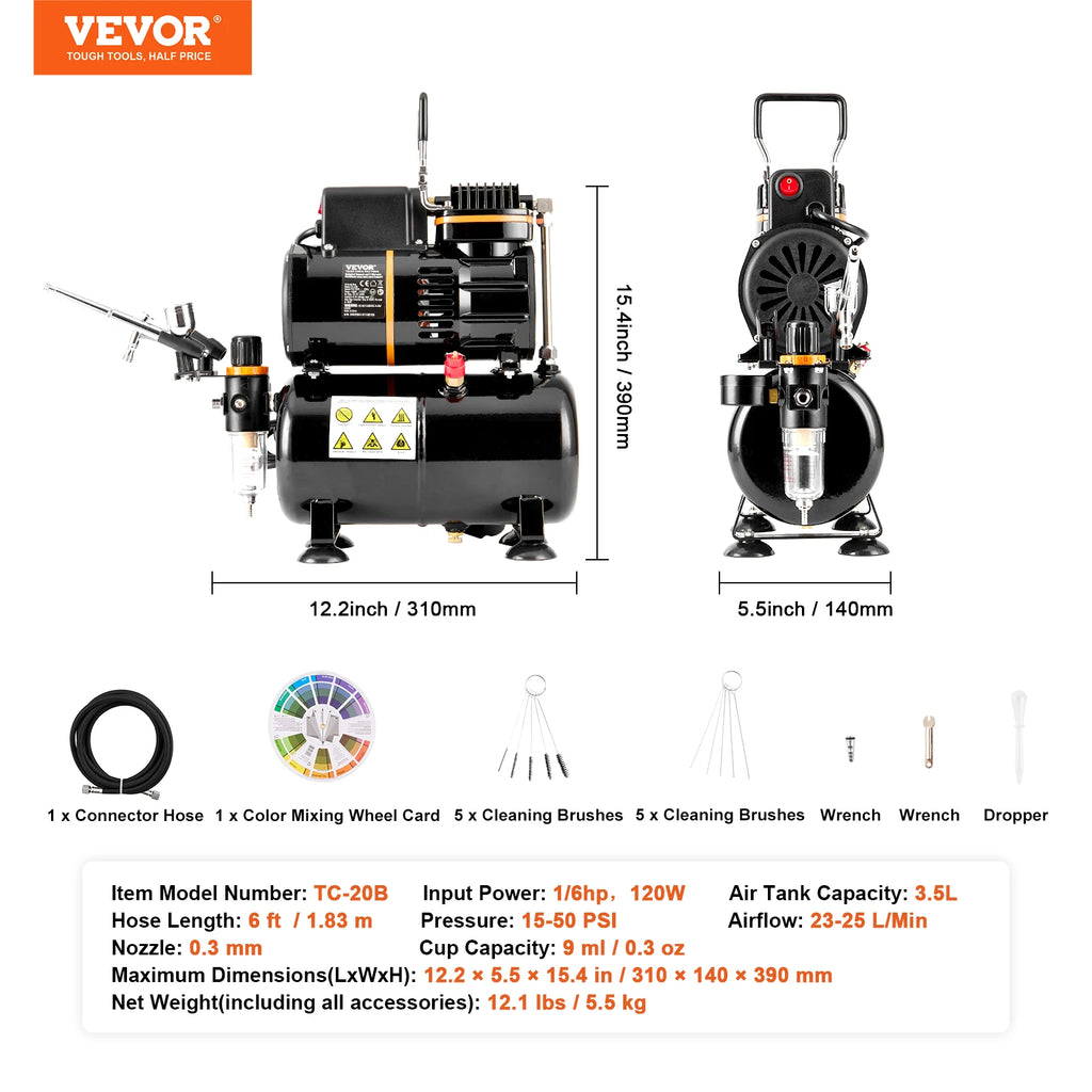 SucceBuy Kit d'aérographe, compresseur d'air à double ventilateur Kit de système d'aérographe professionnel aérographes ensemble de brosses de nettoyage de roue de mélange