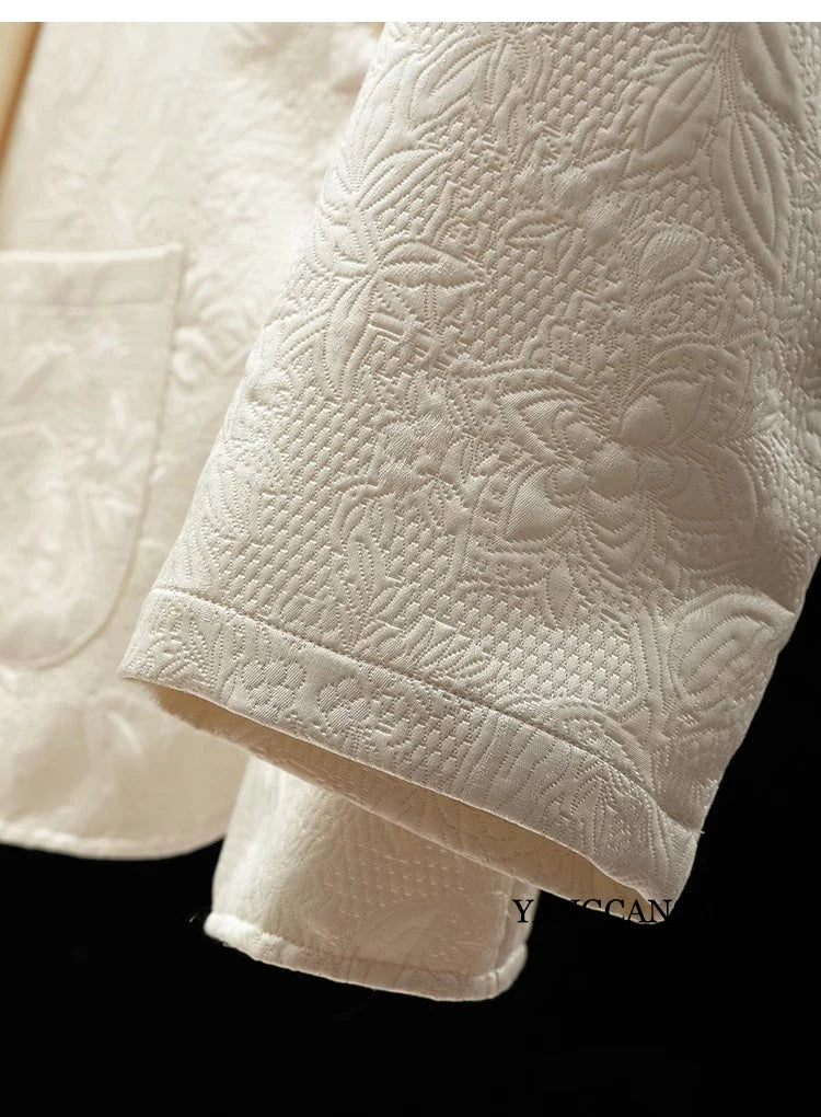 2025 femmes mode printemps nouveau Style Texture entrelacée couronne crêpe col en v à manches longues ample lait blanc manteau costume