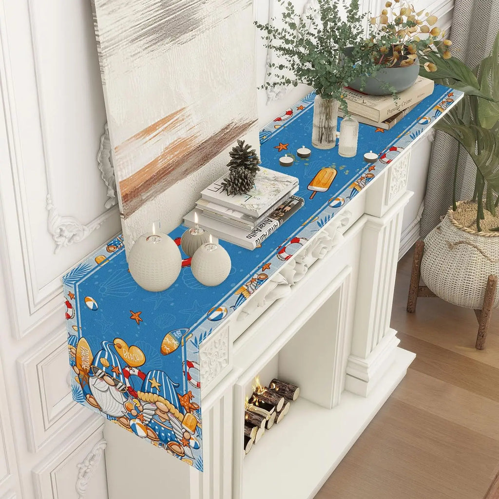 Chemins de table en lin de plage bleu, gnome d'été, piscine de plage hawaïenne, décor de fête côtière, décor de table de mariage de vacances, printemps et été