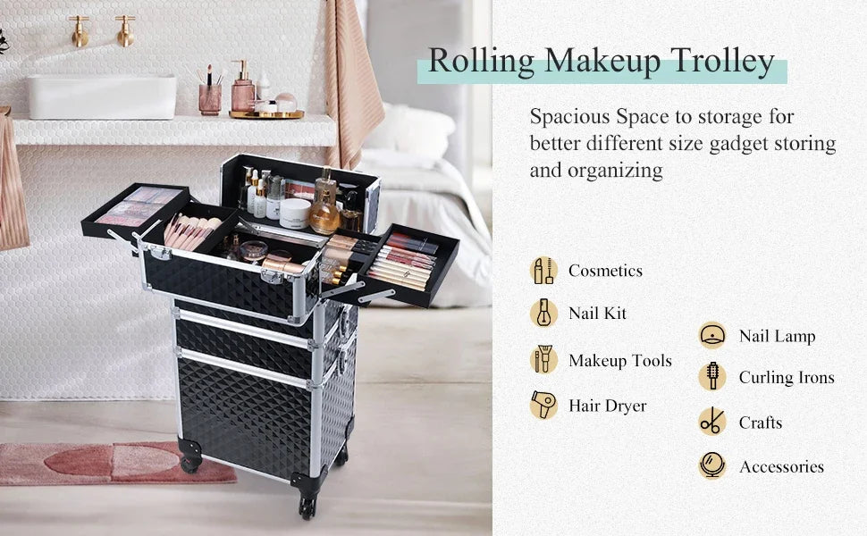 Trousse de maquillage roulante 3 en 1, trousse de maquillage amovible, étui de cosmétologie sur roulettes, chariot de maquillage verrouillable de grande capacité pour Salon