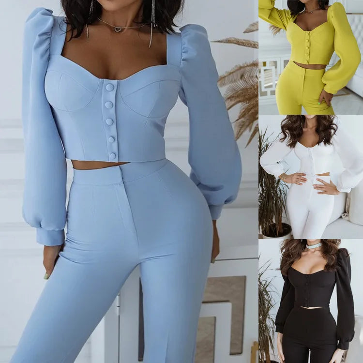 Ensemble haut et pantalon décontracté pour femmes, manches lanternes, manches courtes, épaules dénudées, Sexy, bas de cloche, nouvelle collection printemps automne 2024