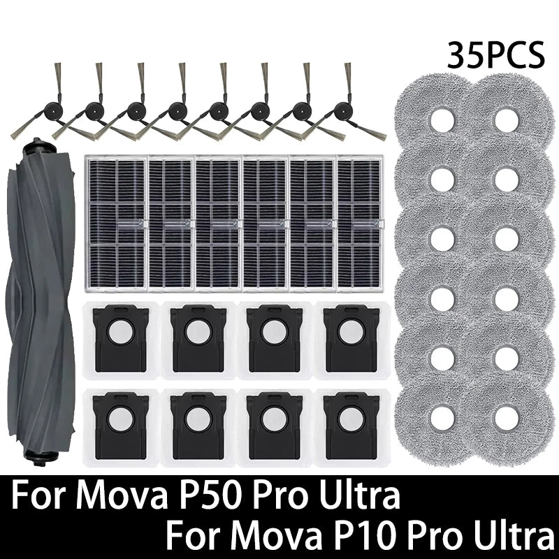 Pièces détachées pour robot aspirateur Mova P50 Pro Ultra / Mova P10 Pro Ultra : brosse principale, brosse latérale, filtre HEPA, chiffon de nettoyage, sac à poussière, accessoires